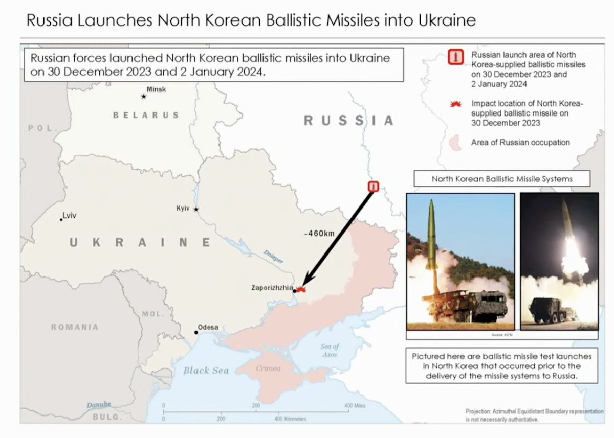 周四，白宫发言人约翰·柯比公布了一张地图，显示俄罗斯向乌克兰发射朝鲜导弹的地点（扎波罗热附近）。柯比说：我们预计俄罗斯将使用更多朝鲜导弹来瞄准乌克兰民用基础设施