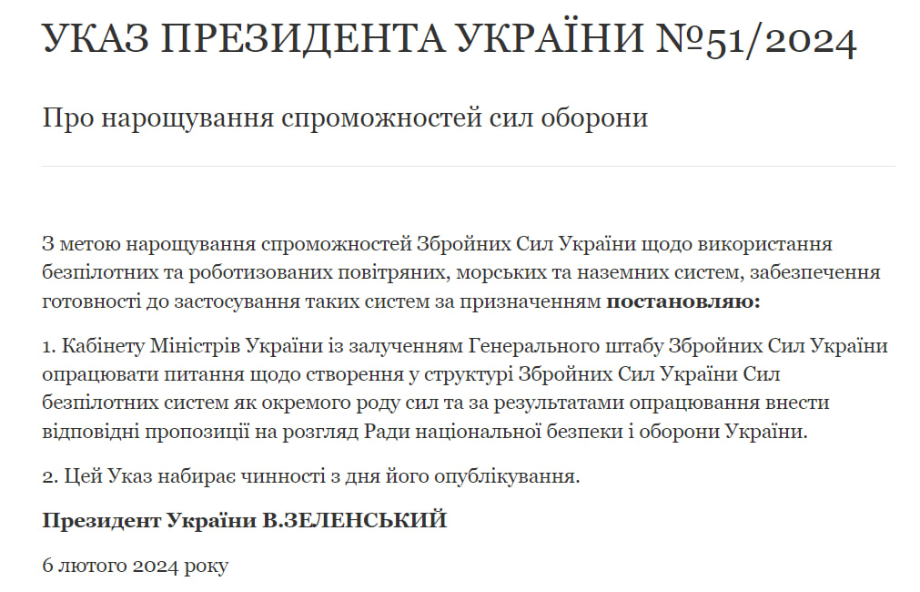 Prezident Zelenski Ukrayna silahlı qüvvələrinin ayrıca pilotsuz uçan aparat və robot bölməsinin yaradılması haqqında fərman imzalayıb.