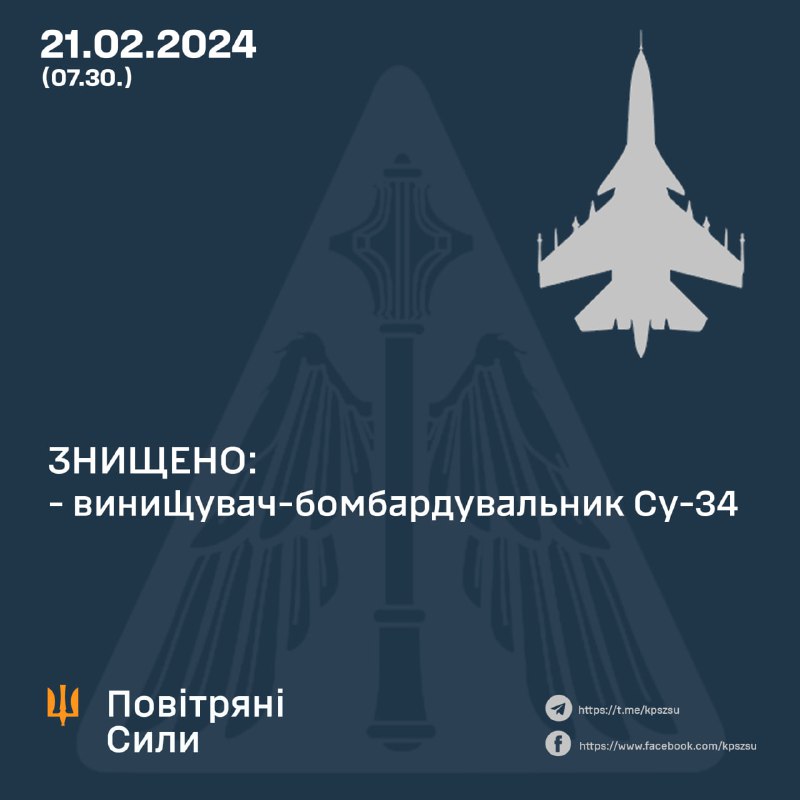 Ukraińskie siły powietrzne twierdzą, że zestrzeliły kolejny Su-34
