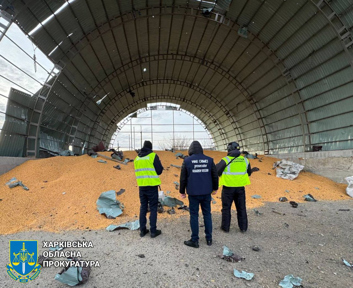Grain warehouse was damaged as result of Russian missile strike last evening in Pisochyn of Kharkiv region