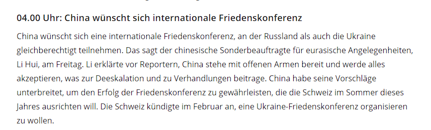 Специалният представител на Китай по евразийските въпроси Ли Хуей изрази подкрепата на Китай за международна мирна конференция, включваща Русия и Украйна при равни условия. Ли подчерта готовността на Китай да приеме всичко, което подпомага деескалацията и преговорите. Китай представи предложения за гарантиране на успеха на мирната конференция, планирана от Швейцария за това лято