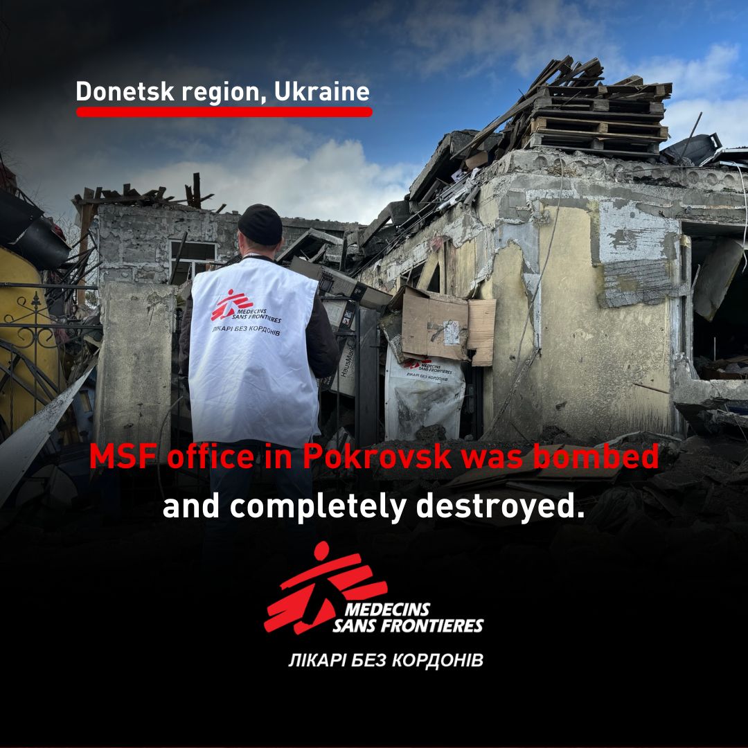 MSF Ukrajina: Danas, 5. travnja oko 3:00 ujutro, naš @MSF ured u Pokrovsku, u regiji Donetsk, u Ukrajini je bombardiran i potpuno uništen. Svo naše osoblje je sigurno. Ozlijeđeno je pet civila koji su bili u blizini ureda