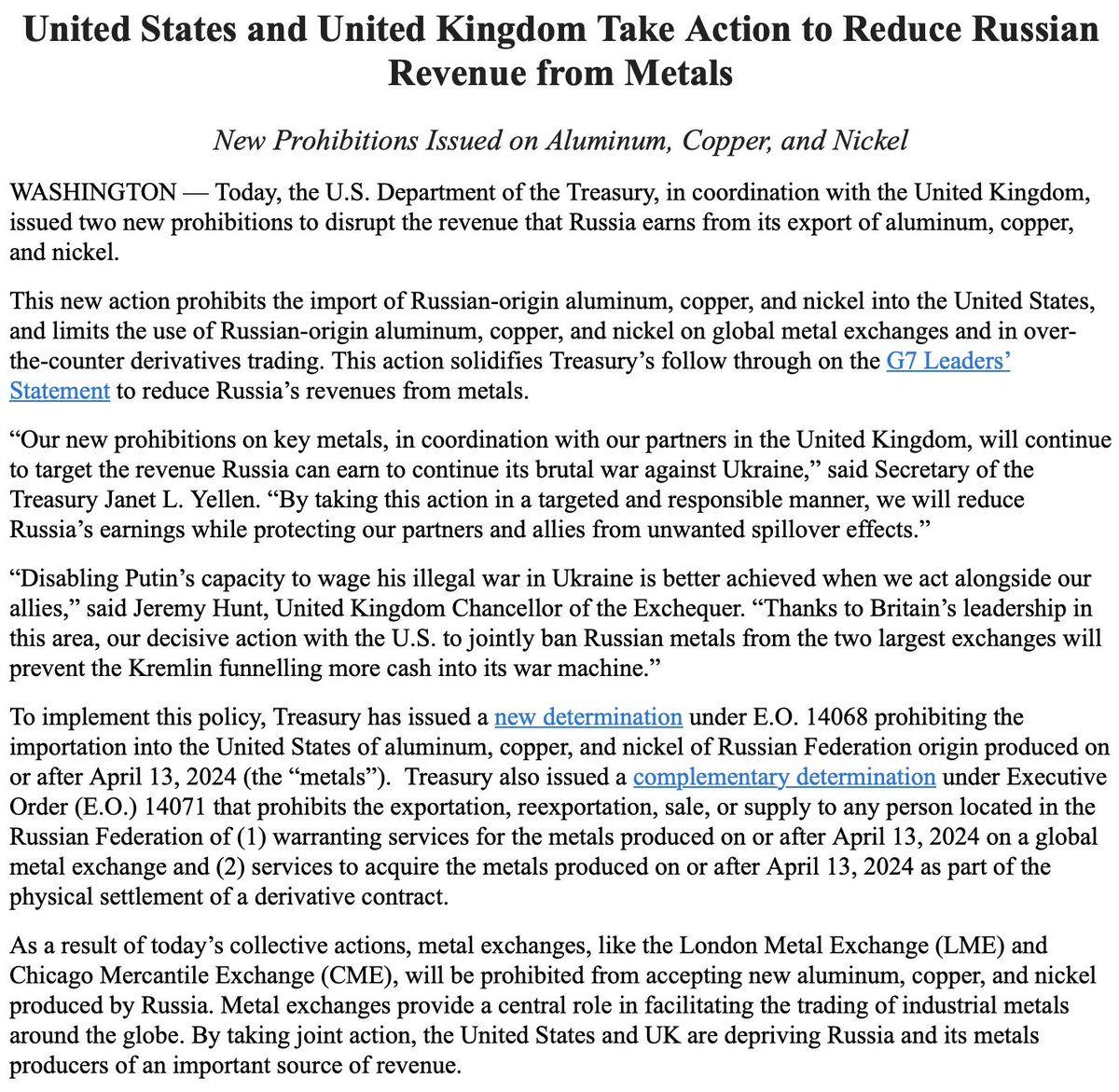 САД и Британија ограничиле извоз руског метала, - @УСТреасури, британски званичници издали су нове забране за алуминијум, бакар и никл руског порекла
