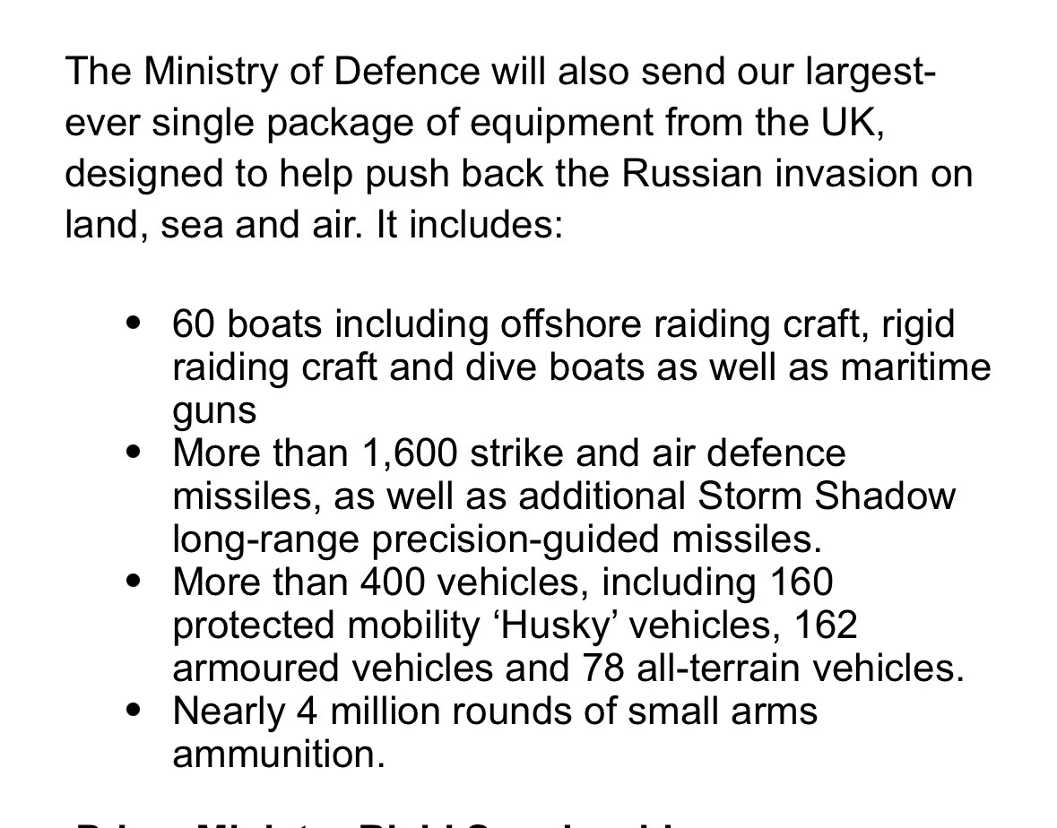 @RishiSunak anunciará o maior pacote de ajuda militar de todos os tempos à Ucrânia em visita à Polônia: aumento de £ 500 milhões para a Ucrânia, 400 veículos, 1.600 munições, 4 milhões de cartuchos de munição