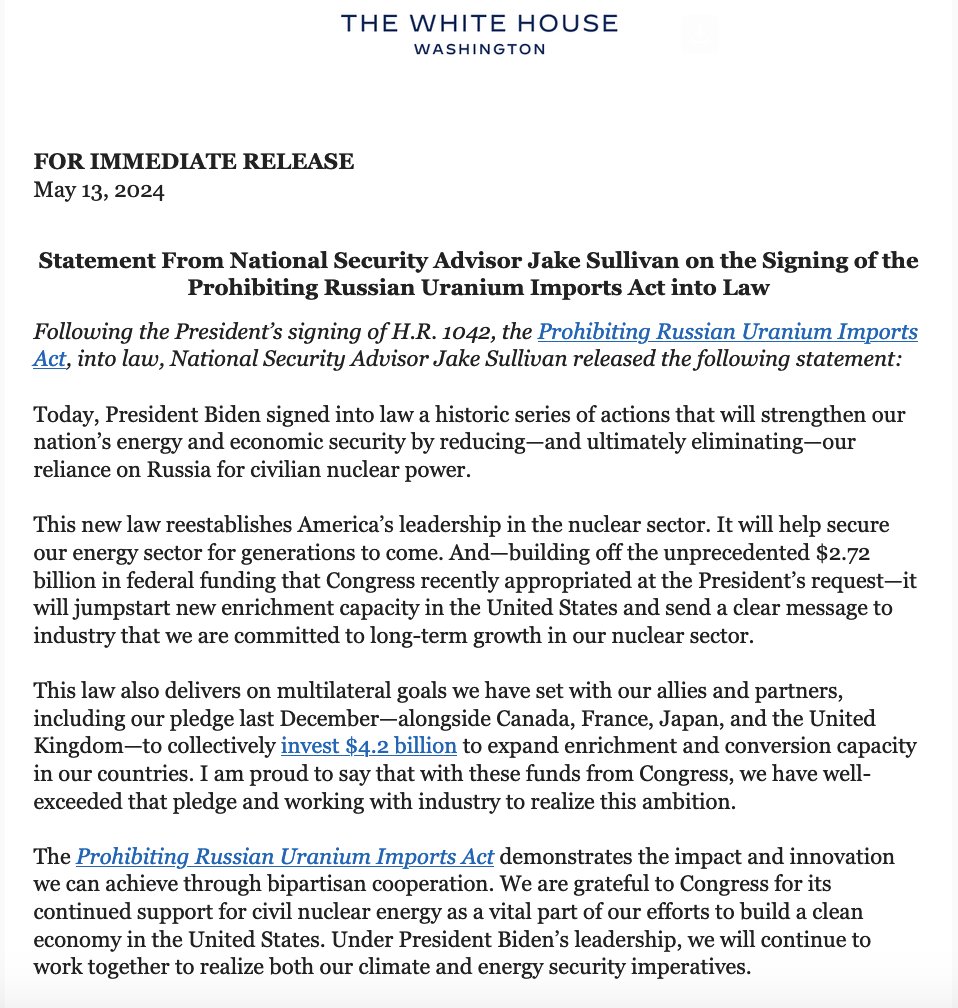 Declaración de la Casa Blanca sobre la firma de la Ley que prohíbe las importaciones rusas de uranio