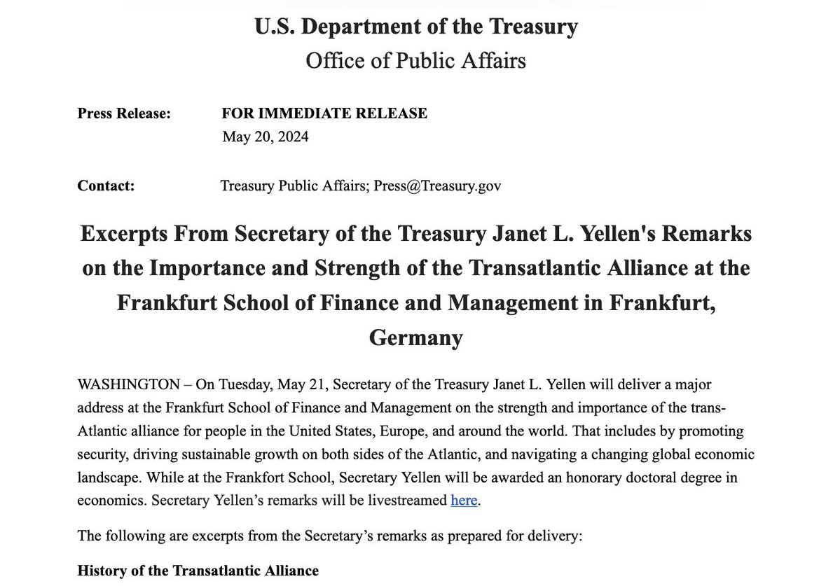 U.S. Treasury Sec Yellen in Germany: Russia has bet that its brutal aggression can outlast our collective resolve. But we have shown that when a dictator takes action that threatens our people, economies, and the rules-based order, we will not back down.