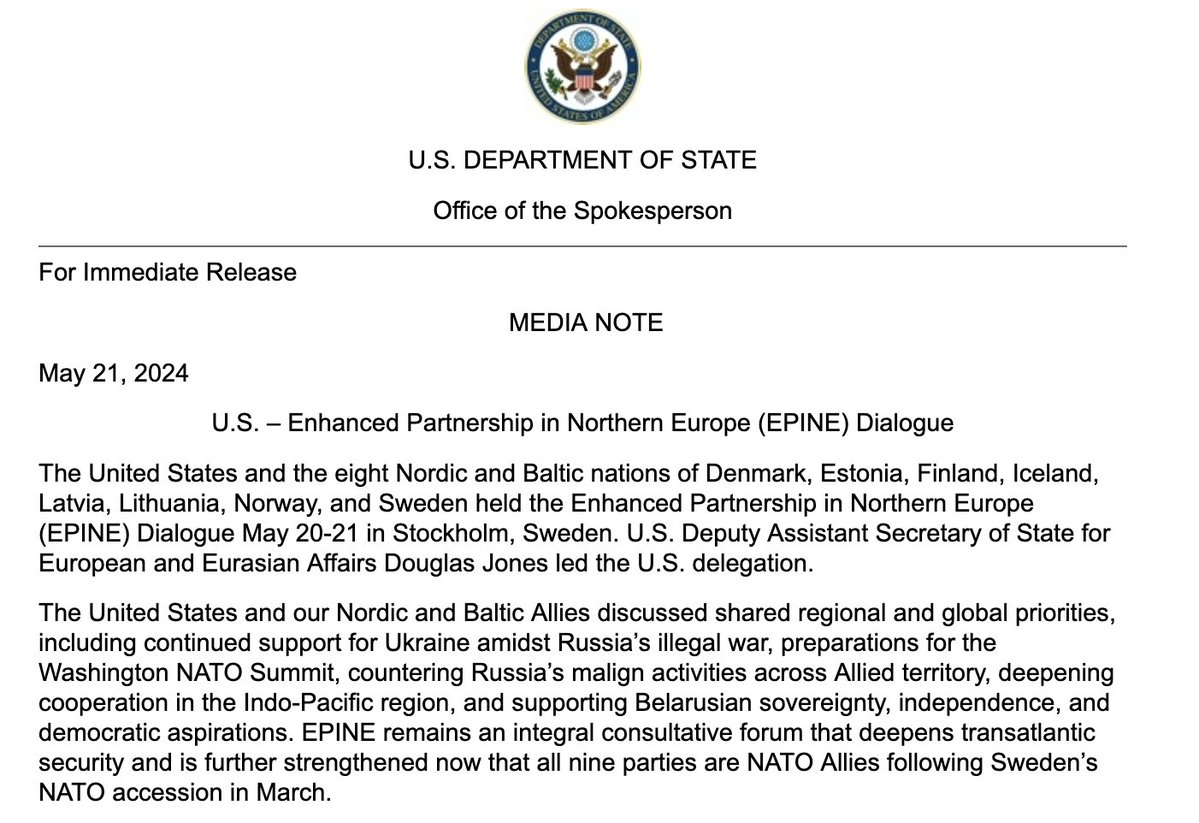 САЩ и 8 северни и балтийски съюзници обсъдиха споделени приоритети, включително Украйна, среща на върха на НАТО, противопоставяне на злонамерените дейности на Русия, задълбочаване на сътрудничеството в Индо-тихоокеанския регион и подкрепа на беларуския суверенитет, независимост, демократични стремежи, за DoS