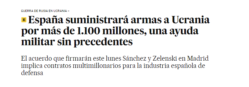 स्पेन यूक्रेन को 1.1 बिलियन यूरो से ज़्यादा के हथियार सप्लाई करेगा। इसमें पैट्रियट एंटी-एयरक्राफ्ट मिसाइलों का दूसरा बैच शामिल होगा, जो अप्रैल में पहले से सप्लाई किए गए आधा दर्जन के अलावा होगा, 19 रिफर्बिश्ड लेपर्ड 2A4 टैंक, 155 मिलीमीटर आर्टिलरी शेल्स का एक बड़ा बैच