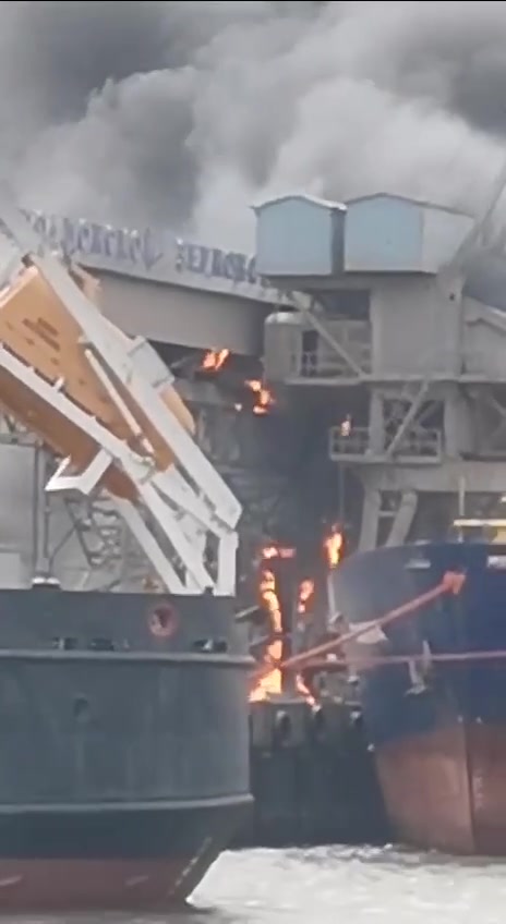 Wielki pożar w terminalu zbożowym w porcie morskim Azow, obwód rostowski w Rosji