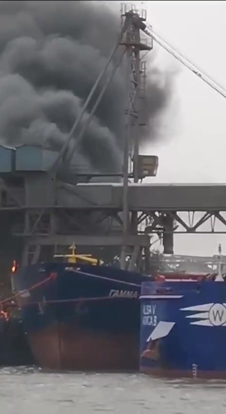 Big fire at grain terminal in Azov sea port, Rostov region of Russia
