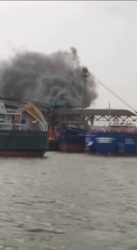 Большой пожар на зерновом терминале в порту Азова Ростовской области России