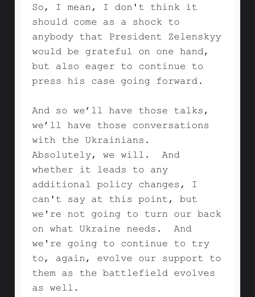 El gobierno de Biden mantendrá conversaciones con Ucrania para permitir que Kyiv ataque en más partes de Rusia con armas proporcionadas por Estados Unidos, dijo hoy a los periodistas el portavoz del NSC, John Kirby.