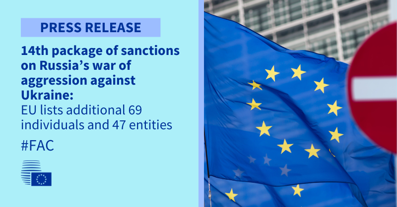 14e paquet de sanctions contre la guerre d'agression de la Russie contre l'Ukraine : @EUCouncil met sur liste noire 69 personnes et 47 entités supplémentaires