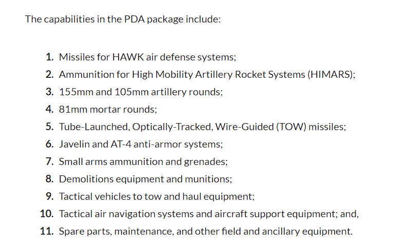 Els EUA van anunciar oficialment el nou paquet d'ajuda per a Ucraïna. Es proporcionaran 150 milions de dòlars amb PDA i 2.200 milions de dòlars amb USAI. El finançament de la USAI s'utilitzarà per comprar interceptors per als sistemes de defensa aèria PATRIOT i NASAMS