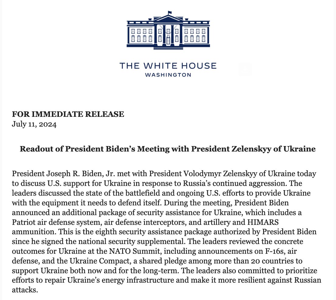 Casa Branca sobre a reunião Biden-Zelenskyy: Eles revisaram os resultados concretos para a Ucrânia na Cúpula da OTAN, incluindo anúncios sobre F-16, defesa aérea e Pacto da Ucrânia, um compromisso compartilhado entre mais de 20 países para apoiar a Ucrânia agora e para o longo prazo