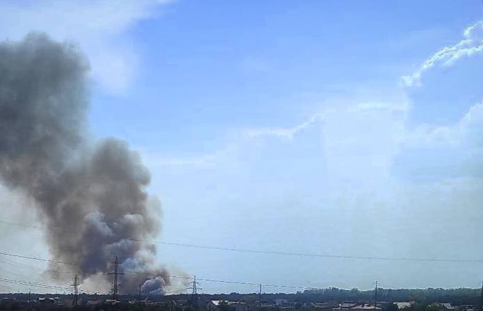 Big fire after bombardment near Malokakhovka of Kherson region