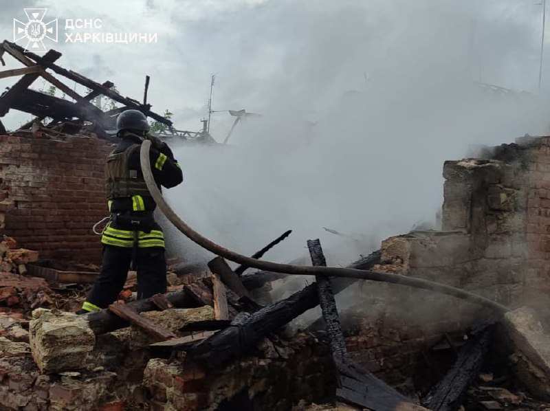 Fire caused by Russian bombardment in Lozova village of Chuhuiv district