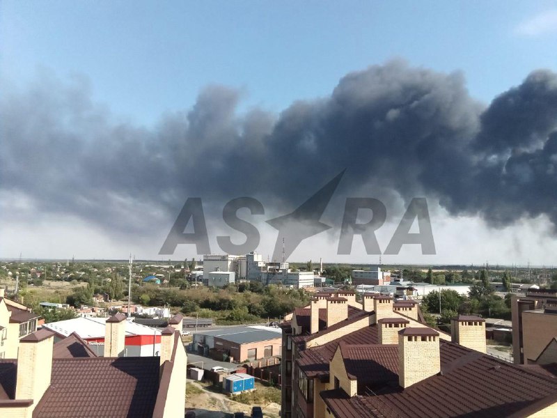 Big fire in Azov of Rostov region, according to local authorities warehouse with used tires is burning 