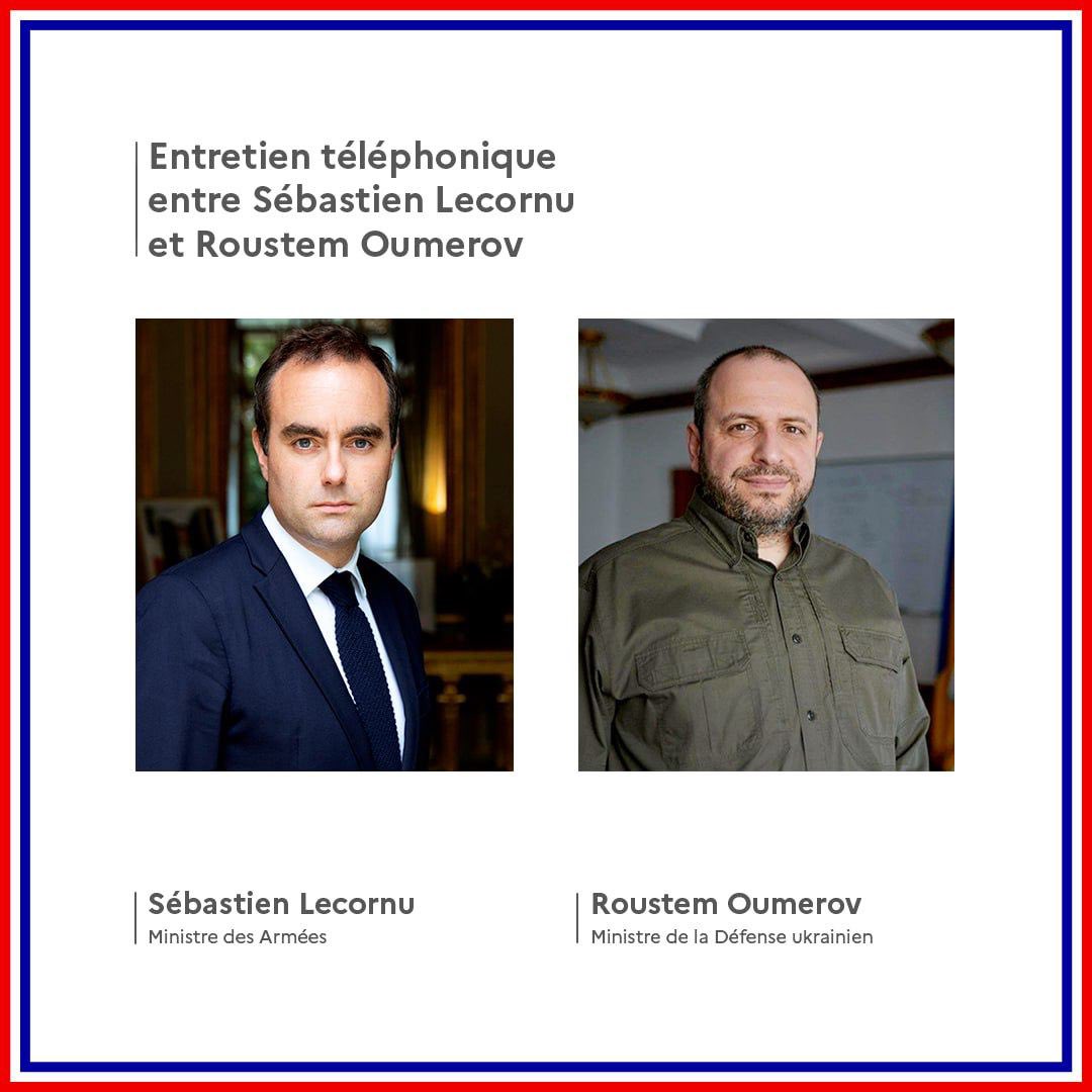 Ministre de les Forces Armades Sébastien Lecornu de França: Ucraïna continua defensant-se de l'agressió russa. Converses amb el meu homòleg @rustem_umerov sobre l'evolució de la situació al front i el seguiment del suport francès a Ucraïna