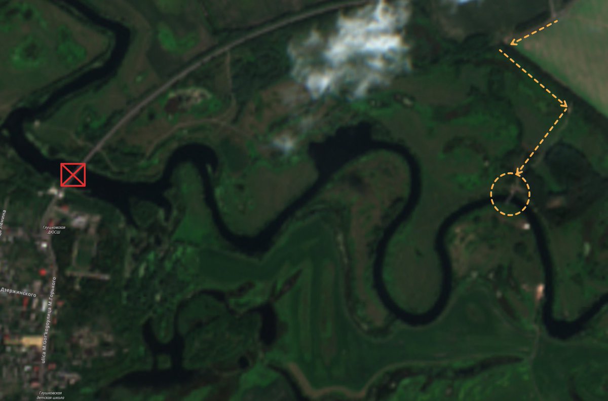 A high-resolution @planet satellite image taken on Aug. 17th shows the pontoon bridge across the Seym River, constructed by the Russians between Aug. 15 and Aug. 16, east of Glushkovo village in Kursk Oblast (51.35109, 34.67668), after Ukraine began targeting bridges in the area