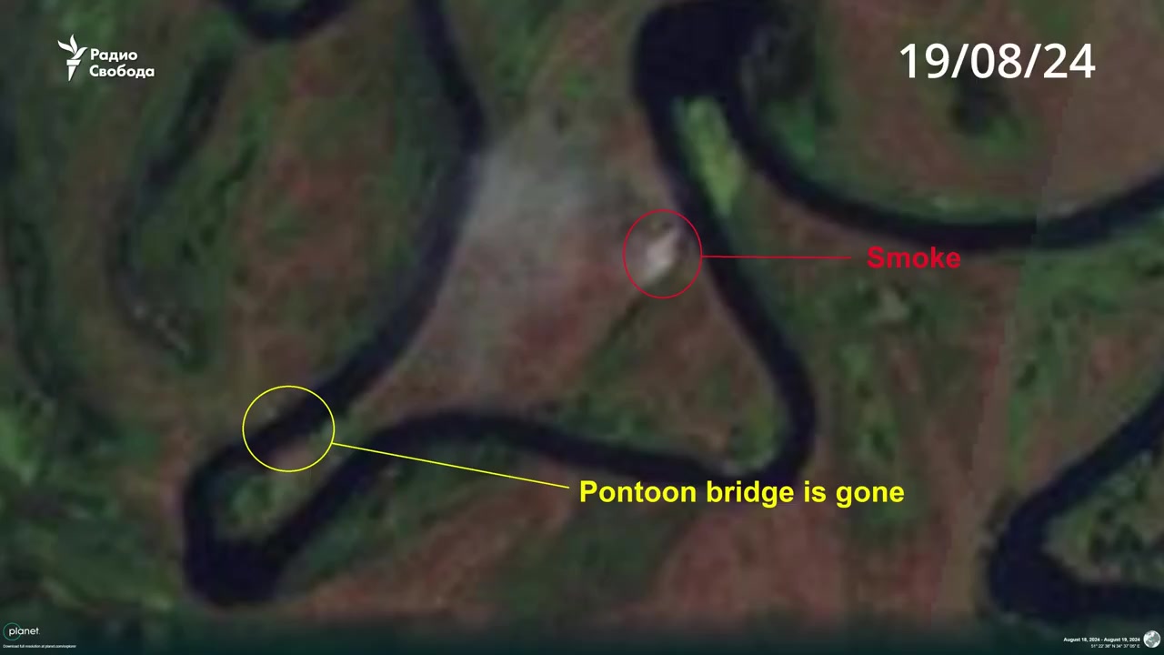 Une image satellite basse résolution prise aujourd'hui, le 19 août, par @planet montre que le pont flottant russe entre Zvannoye et Glushkovo dans l'oblast de Koursk a disparu, avec de la fumée s'élevant à 500 mètres de l'endroit où il se trouvait, sur la rive  russe .