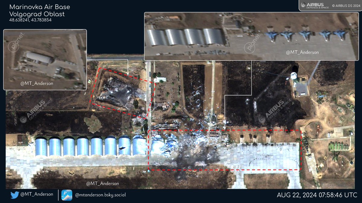 Marinovkos oro bazės 30 cm palydoviniai vaizdai iš 2024 m. rugpjūčio 22 d. 07:58 UTC po dronų smūgių