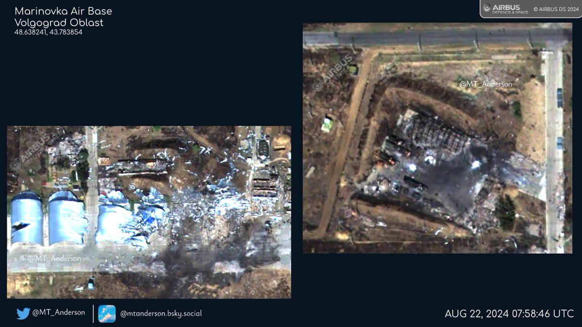 30cm satellite images from 22 Aug 2024 07:58 UTC of Marinovka Air Base after drone strikes