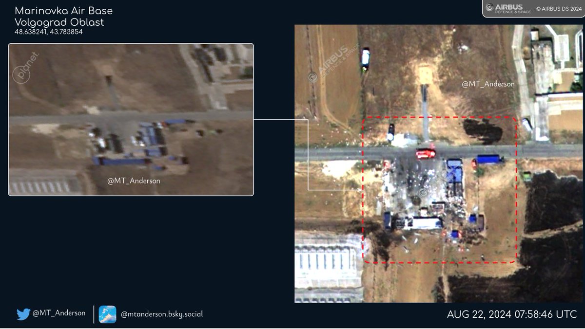 Marinovka Hava Üssü'nün 22 Ağustos 2024 07:58 UTC'de drone saldırıları sonrasında çekilen 30 cm uydu görüntüleri