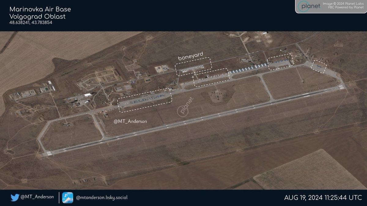 Imatges de satèl·lit de 30 cm del 22 d'agost de 2024 a les 07:58 UTC de la base aèria de Marinovka després dels atacs amb drons