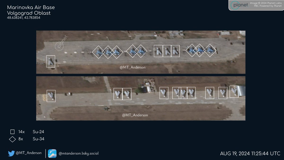 Zdjęcia satelitarne 30 cm z 22 sierpnia 2024 r., godz. 07:58 UTC bazy lotniczej Marinovka po atakach dronów