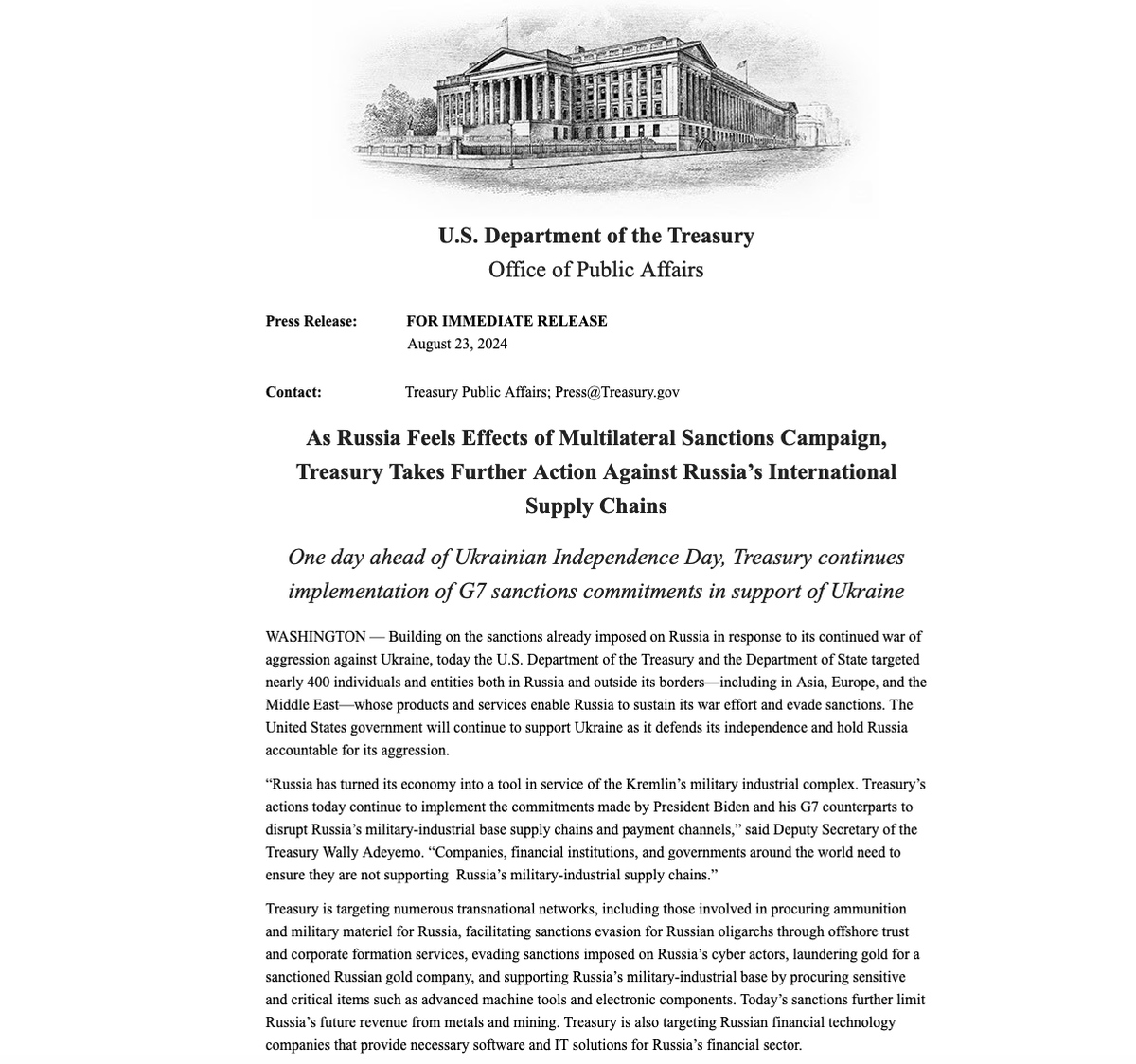 Vieną dieną prieš Ukrainos nepriklausomybės dieną @USTreasury sako, kad „toliau įgyvendina G7 sankcijų įsipareigojimus, remiant Ukrainą.