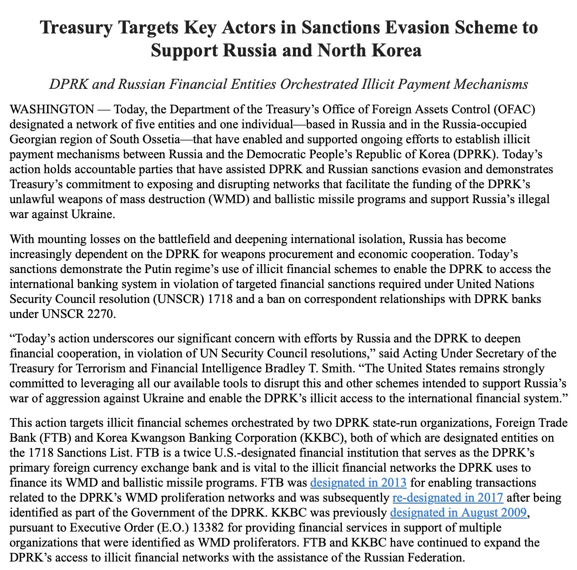 VS gaat achter netwerk aan dat Noord-Koreaanse wapenleveringen aan Rusland steunt. @USTreasury legt sancties op aan 4 banken, 1 betalingsbedrijf en 1 bankfunctionaris, allemaal gevestigd in het door Rusland bezette Zuid-Ossetië en Georgië.