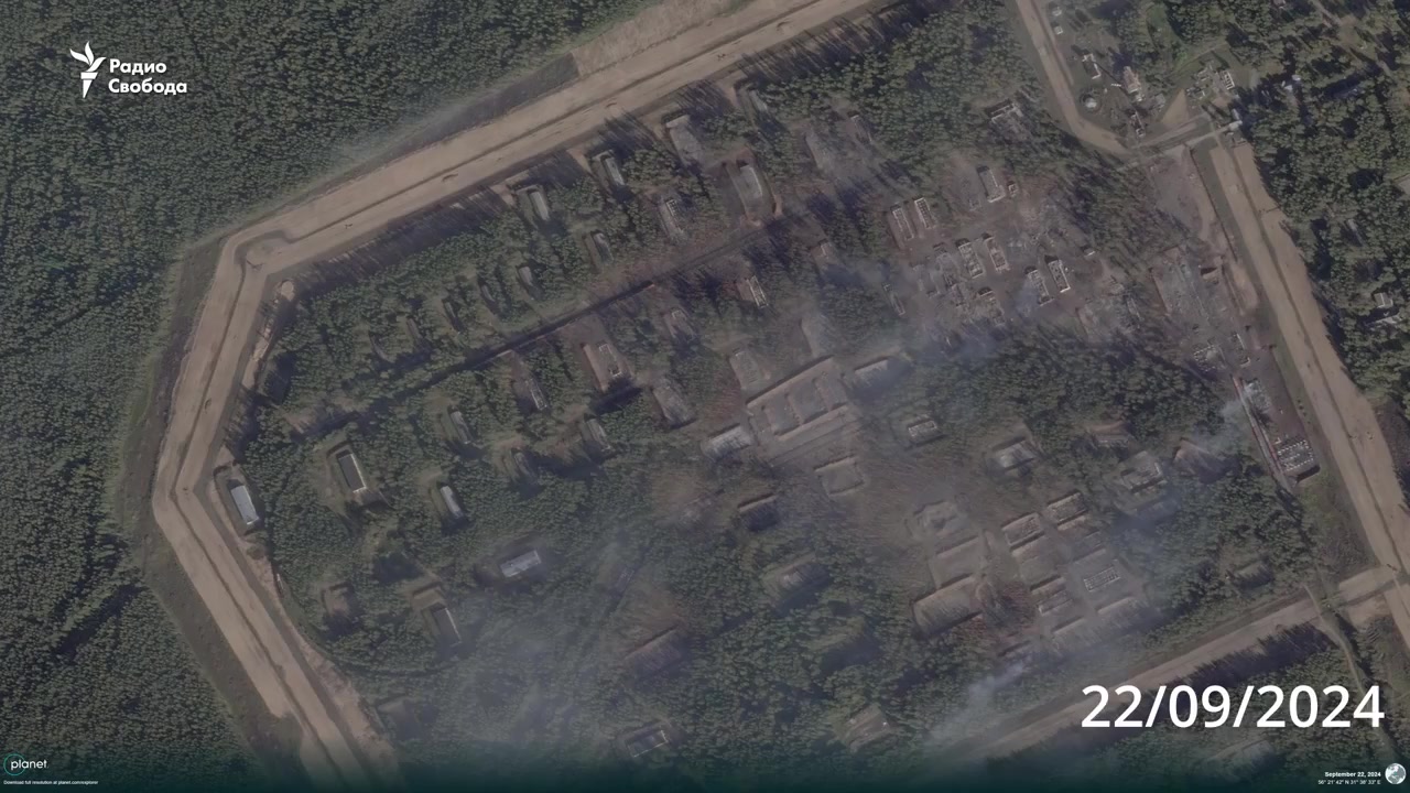 Noi imagini din satelit @planet HR ale celui de-al 23-lea Arsenal al Direcției Principale de Rachete și Artilerie a Ministerului Apărării Ruse din satul Oktyabrsky, Regiunea Tver, realizate astăzi, 22 septembrie, la ora locală 9:51, permițând accesul la pagubele provocate. de drone ucrainene pe 21 septembrie