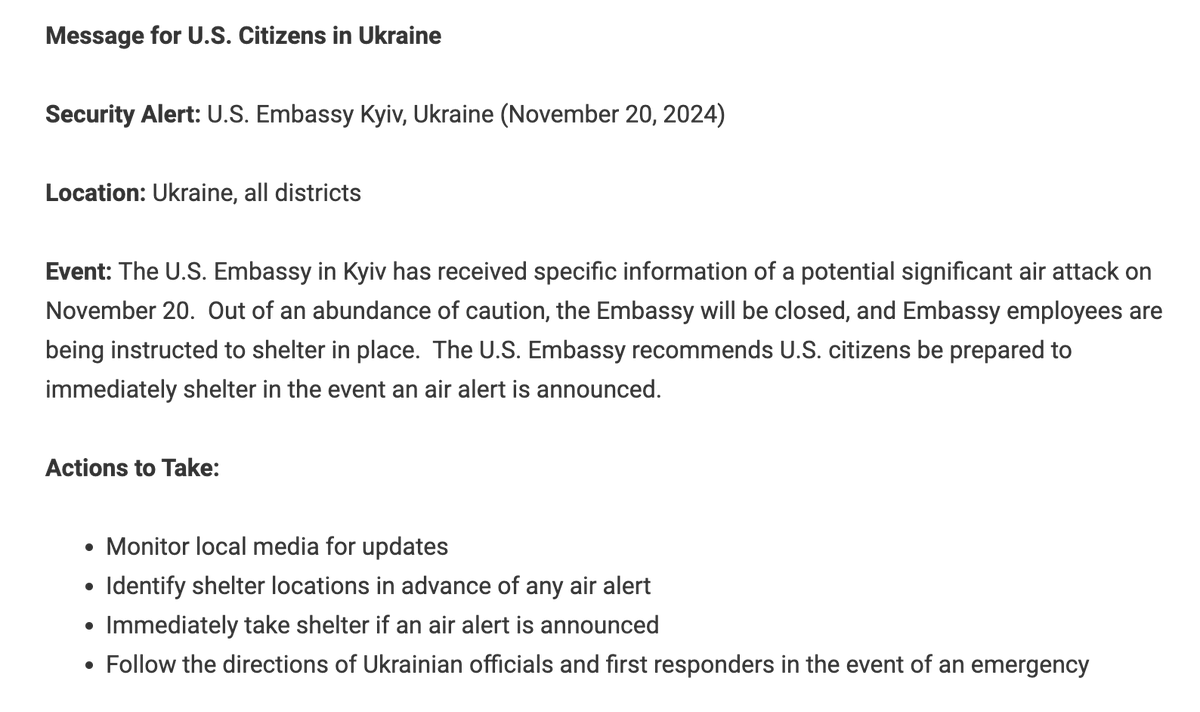 De Amerikaanse ambassade in Kyiv stuurt een waarschuwing uit waarin staat dat deze gesloten is vanwege specifieke informatie over een luchtaanval vandaag