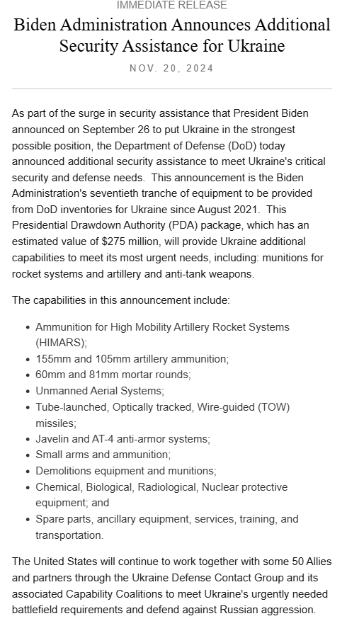 Die USA schicken der Ukraine 275 Millionen Dollar an Sicherheitshilfe – ein Teil der im September angekündigten Truppenaufstockung durch Präsident Joe Biden. Zu den Highlights zählen HIMARS-Munition, TOW-Raketen, Javelins, Artillerie- und Mörsergranaten