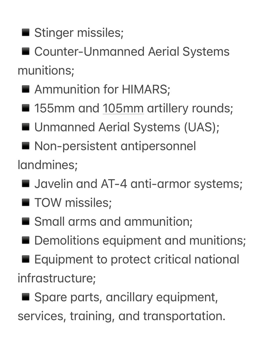 美国宣布向乌克兰提供价值 7.25 亿美元的额外武器装备。其中包括 HIMARS 和火炮弹药、无人机系统、非持久性杀伤人员地雷、毒刺导弹、标枪导弹等