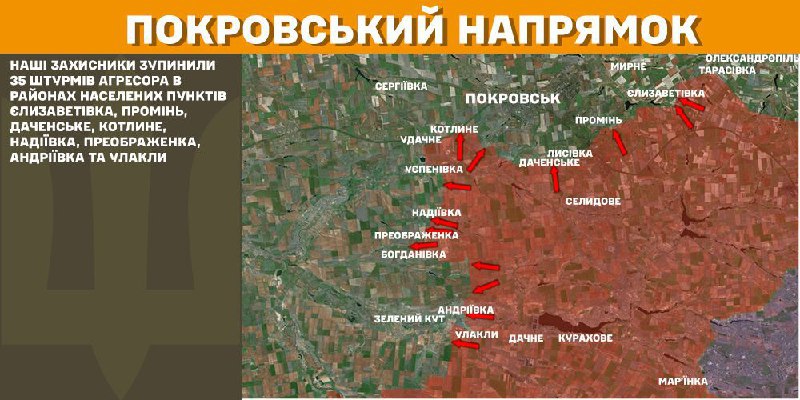 At Pokrovsk axis clashes yesterday near Yelyzavetivka, Promin, Dachenske, Kotlyne, Nadiyivka, Preobrazhenka, Andriyivka and Ulakly, - General Staff of Armed Forces of Ukraine reports