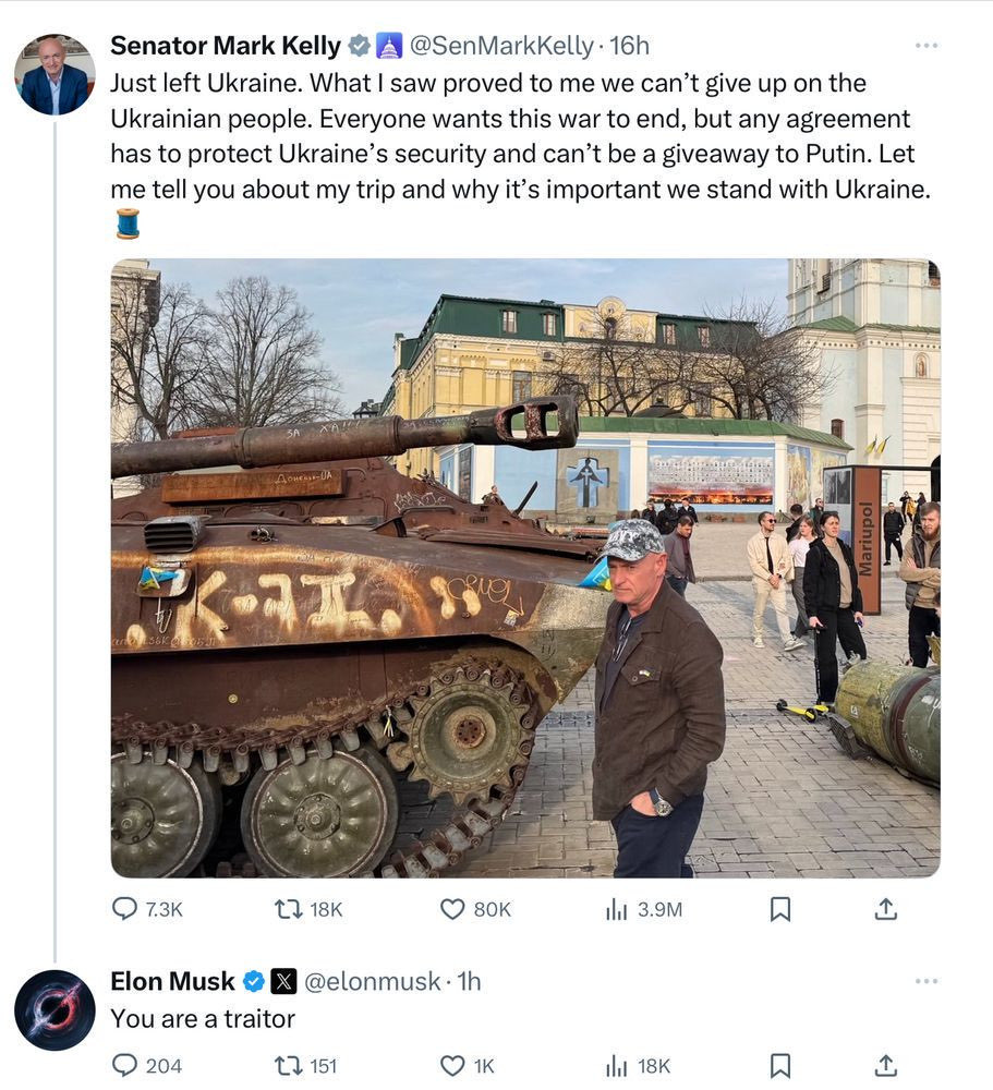 Elon Musk called United States Senator for Arizona Mark Kelly a traitor for visiting Ukraine