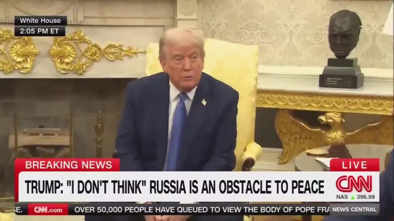 Reporter: What concessions has Russia offered up thus far to get to the point where you're closer to peace? Trump: Stopping the war, stopping taking the whole country. Pretty big concessions