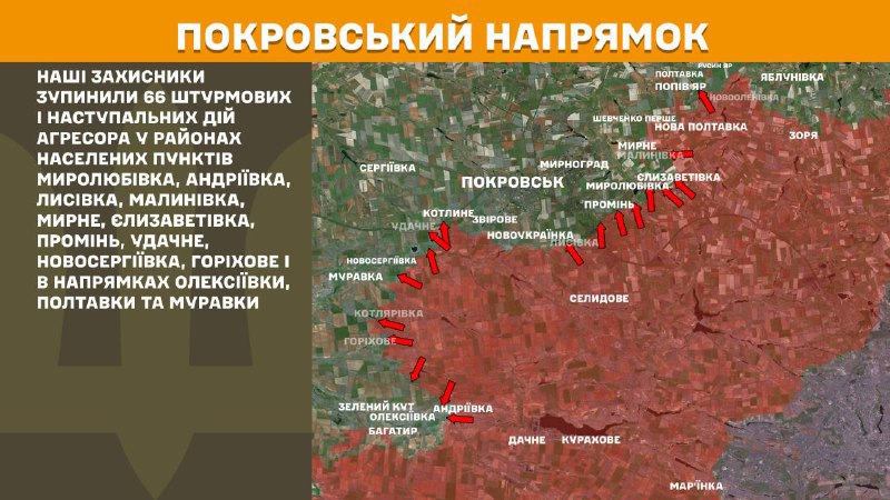 At Pokrovsk axis clashes yesterday near Myrolubivka, Andriyivka, Lysivka, Malynivka, Myrne, Yelyzavetivka, Promin, Udachne, Novoserhiyivka, Horikhove and towards Oleksiyivka, Poltavka and Muravka, - General Staff of Armed Forces of Ukraine reports