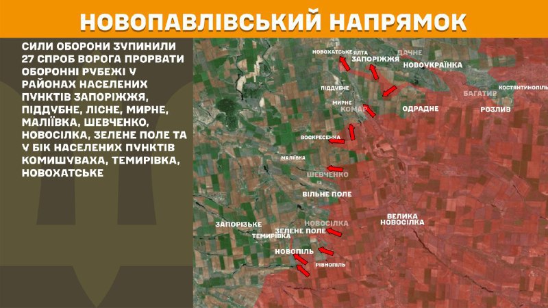 At Novopavlivka direction clashes yesterday near Zaporizhzhya, Piddubne, Lisne, Myrne, Maliyivka, Shevchenko, Novosilka, Zelene Pole and towards Komyshuvakha, Temyrivka, Novokhatske, - General Staff of Armed Forces of Ukraine reports