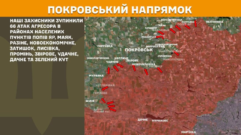At Pokrovsk direction clashes yesterday near Popiv Yar, Mayak, Razine, Novoekonomichne, Zatyshok, Lysivka, Promin, Zvirove, Udachne, Dachne and Zelenyy Kut, - General Staff of Armed Forces of Ukraine reports