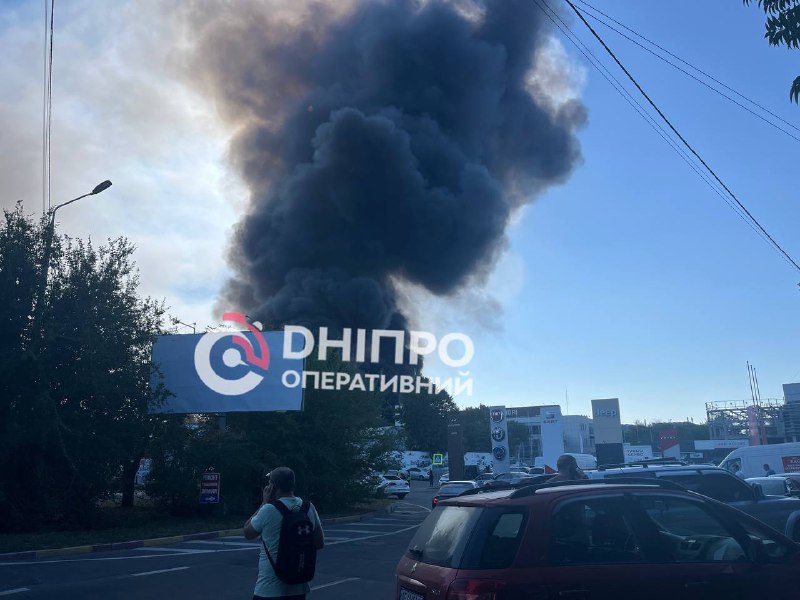 Big fire in Dnipro city at the abandoned plant