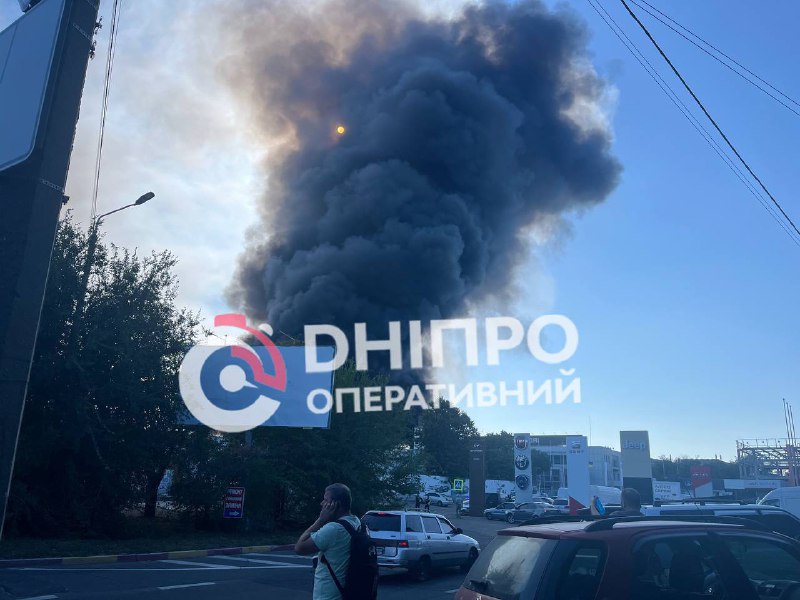 Big fire in Dnipro city at the abandoned plant