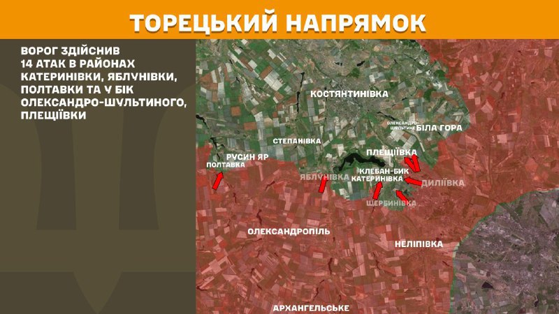 At Toretsk direction clashes yesterday near Katerynivka, Yablunivka, Poltavka and towards Oleksandro-Shultyne, Pleschiyivka, - General Staff of Armed Forces of Ukraine reports