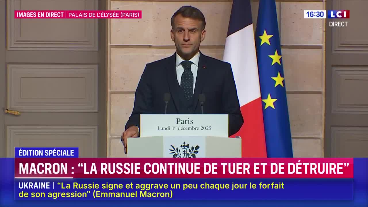 Emmanuel Macron stwierdził: „Stany Zjednoczone Ameryki, Ukraińcy i wszyscy Europejczycy pragną pokoju. Rosja musi zakończyć swoją agresję.