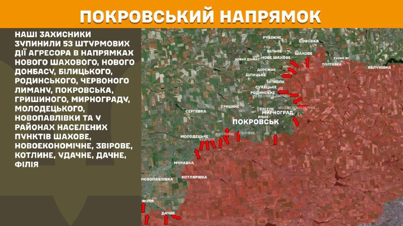 At Pokrovsk direction clashes yesterday near Nove Shakhove, Novyi Donbas, Bilytske, Rodynske, Chervonyi Lyman, Pokrovsk, Hryshyne, Myrnohrad, Molodetske, Novopavlivka and near Shakhove, Novoekonomichne, Zvirove, Kotlyne, Udachne, Dachne, Filiya, - General Staff of Armed Forces of Ukraine reports