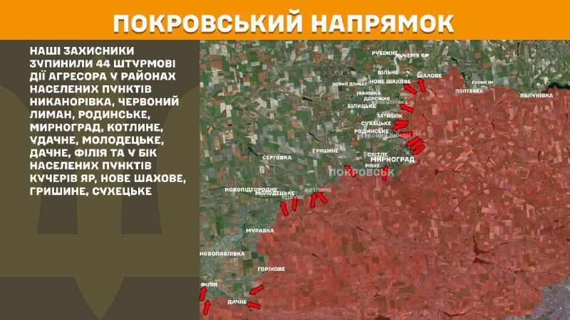 На Пакроўскім напрамку ўчора адбыліся баявыя дзеянні ў раёне Ніканараўкі, Чырвонага Лімана, Радзінскага, Мірнаграда, Котлінага, Удачнага, Маладзецкага, Дачнага, Філіі і ў напрамку Кучараў Яр, Новае Шахава, Грышына, Сухецкае, - паведамляе Генштаб Узброеных сіл Украіны.