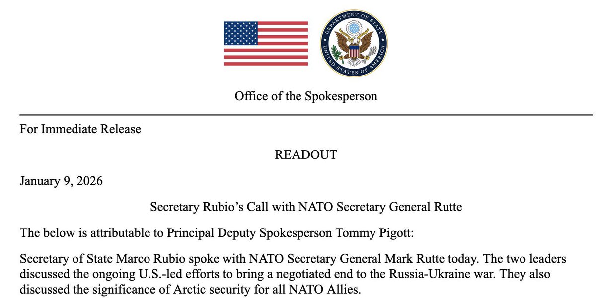Yhdysvaltain ulkoministeri Marco Rubio keskusteli tänään Naton pääsihteerin Mark Rutten kanssa käynnissä olevista toimista Venäjän hyökkäyksen lopettamiseksi Ukrainaan sekä arktisen turvallisuuden merkityksestä kaikille Naton jäsenille.