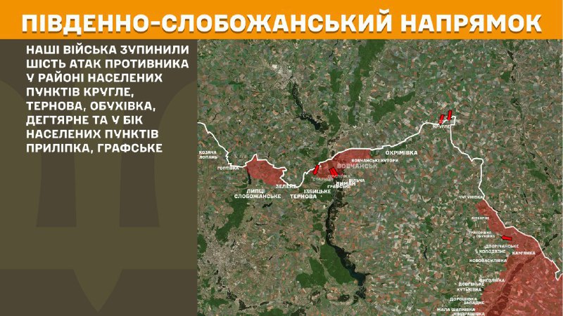 At South Slobozhansky(Kharkiv) direction clashes yesterday near Kruhle, Ternova, Obukhivka, Dehtyarne and towards Prylipka, Hrafske, - General Staff of Armed Forces of Ukraine reports
